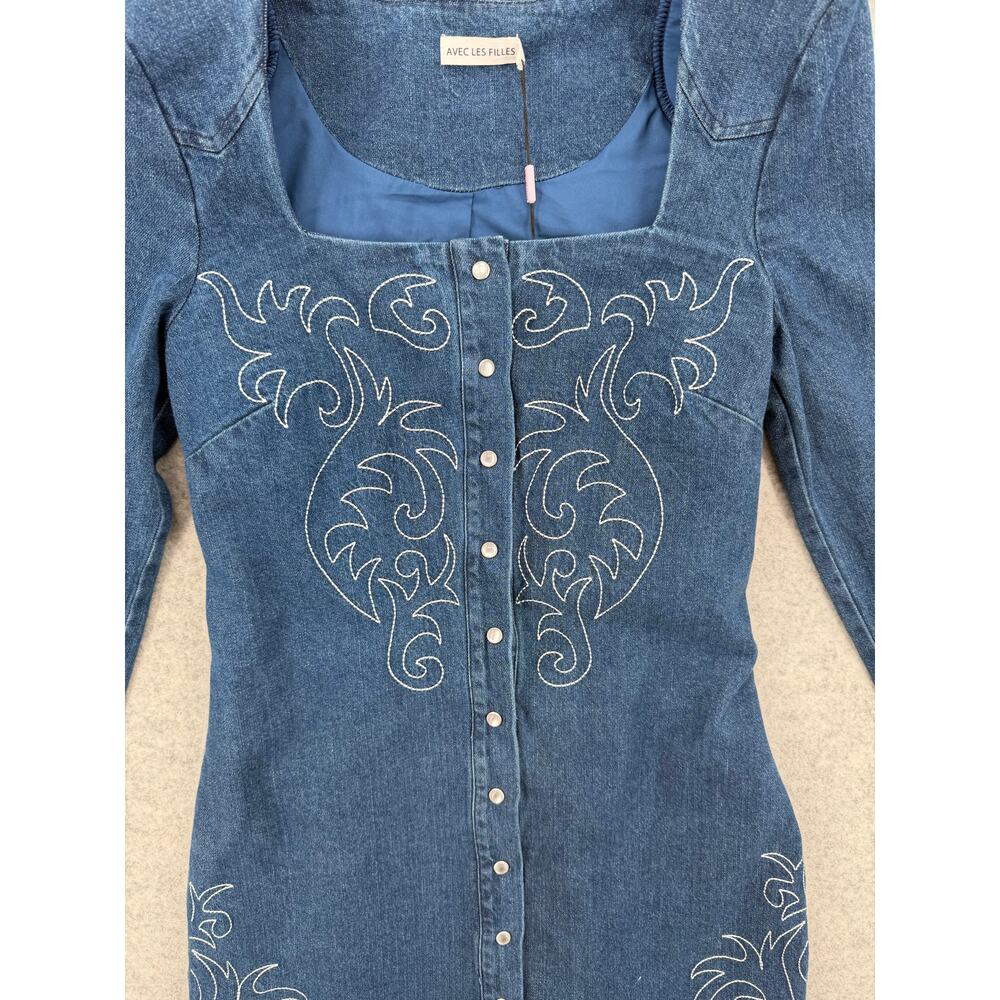 NWT Avec Les Filles Western Portrait-Neck Snap-Front Embroidered Denim Dress - Picture 11 of 11